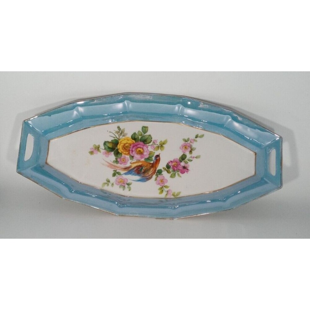 Vintage Germany Pheasant & Flowers Dish Bowl Blue White with Gold Detail